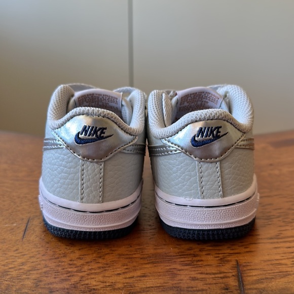 Worn once for a wedding, Nike Air Force 1s, in grey, navy sole, and silver Nike - Picture 5 of 7